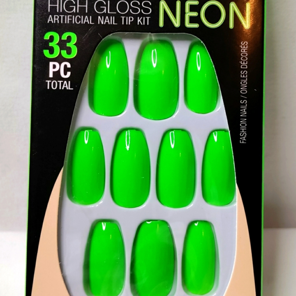 L.A. Colors Nail Frill Glossy Neon Glue On Fake Nails 30 Coffin Tip -Green